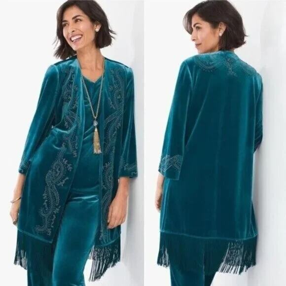 Chico's Velvet Duster Kimono Whimsigoth Fringed 20s Flapper Beaded Women Small P - Picture 2 of 13